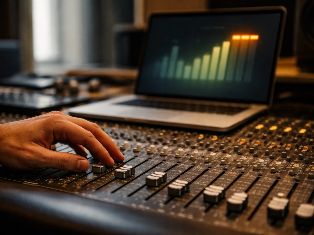 Music producer hand adjusting a studio fader beside a laptop showing soft, abstract revenue highlights