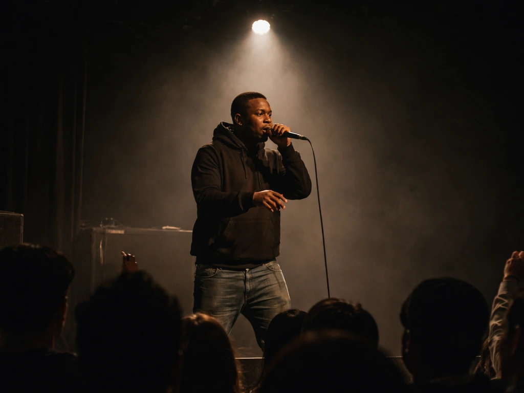 Anonymous rapper performing with a handheld microphone on a small indoor stage.