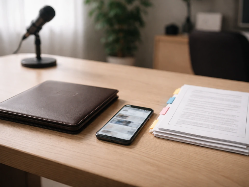 Minimal desk scene with certification and media research cues: paperwork, folders, and a smartphone showing update-style