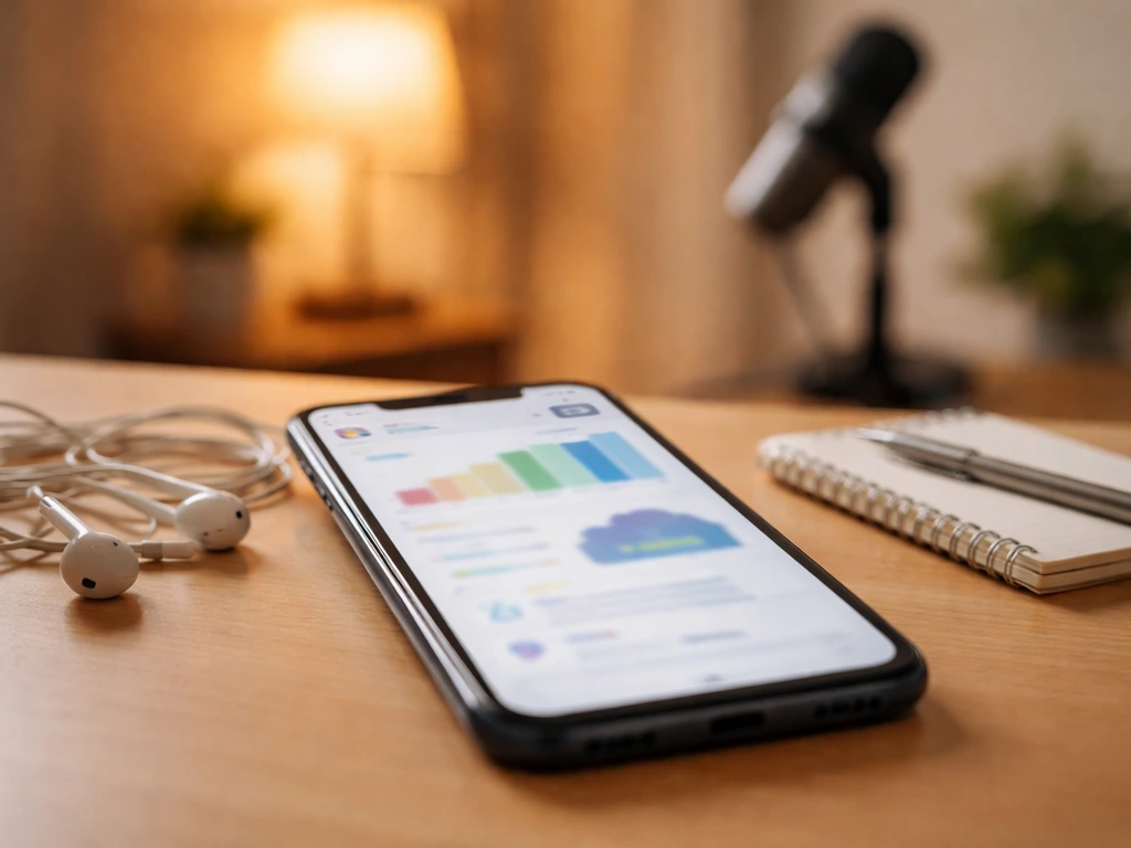 Close-up smartphone with blurred analytics vibe on a desk for comedy social media monetization.