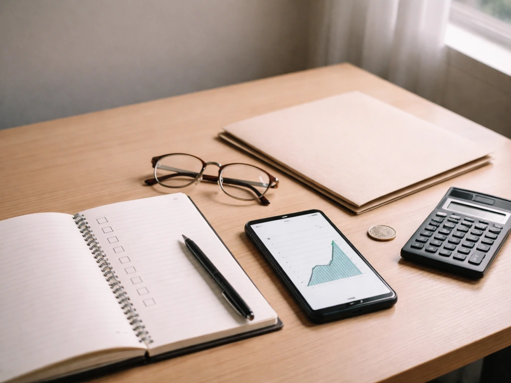 Minimal desk scene with checklist notebook, glasses, phone, and calculator suggesting fact verification.
