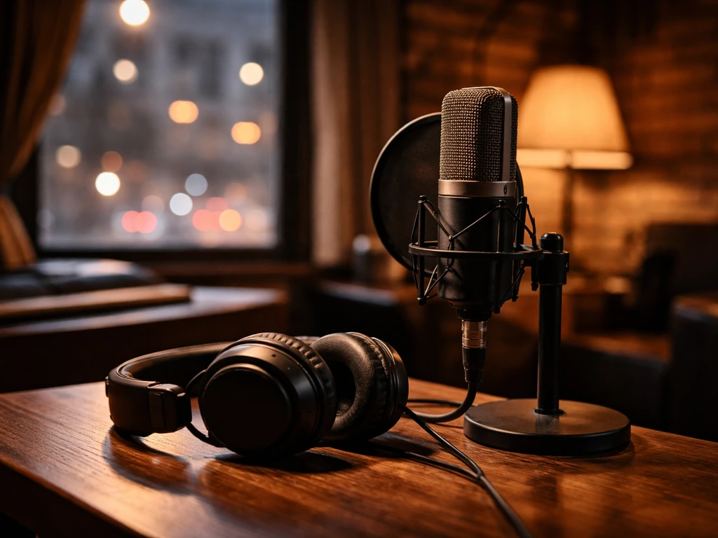 Studio microphone and headphones in a quiet Brooklyn recording room with blurred city lights behind.