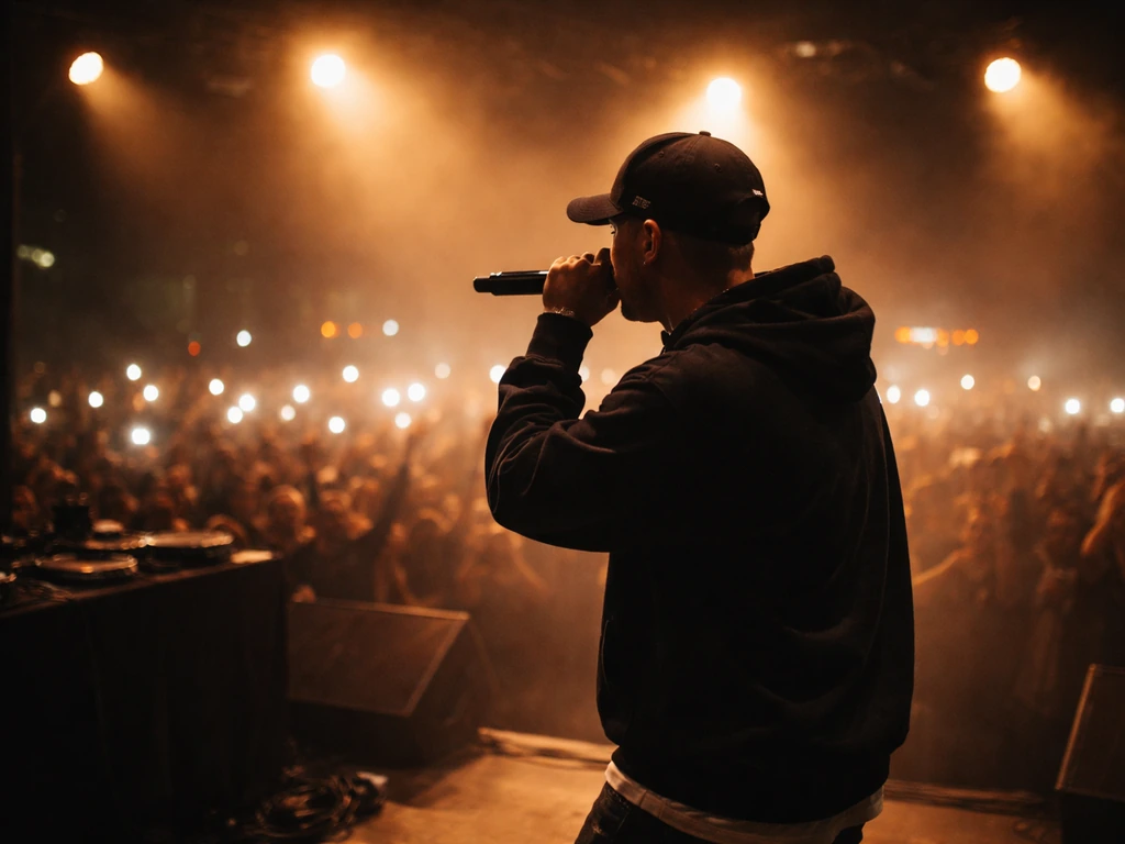 Rapper performing on stage with warm lights and a blurred crowd in the background.