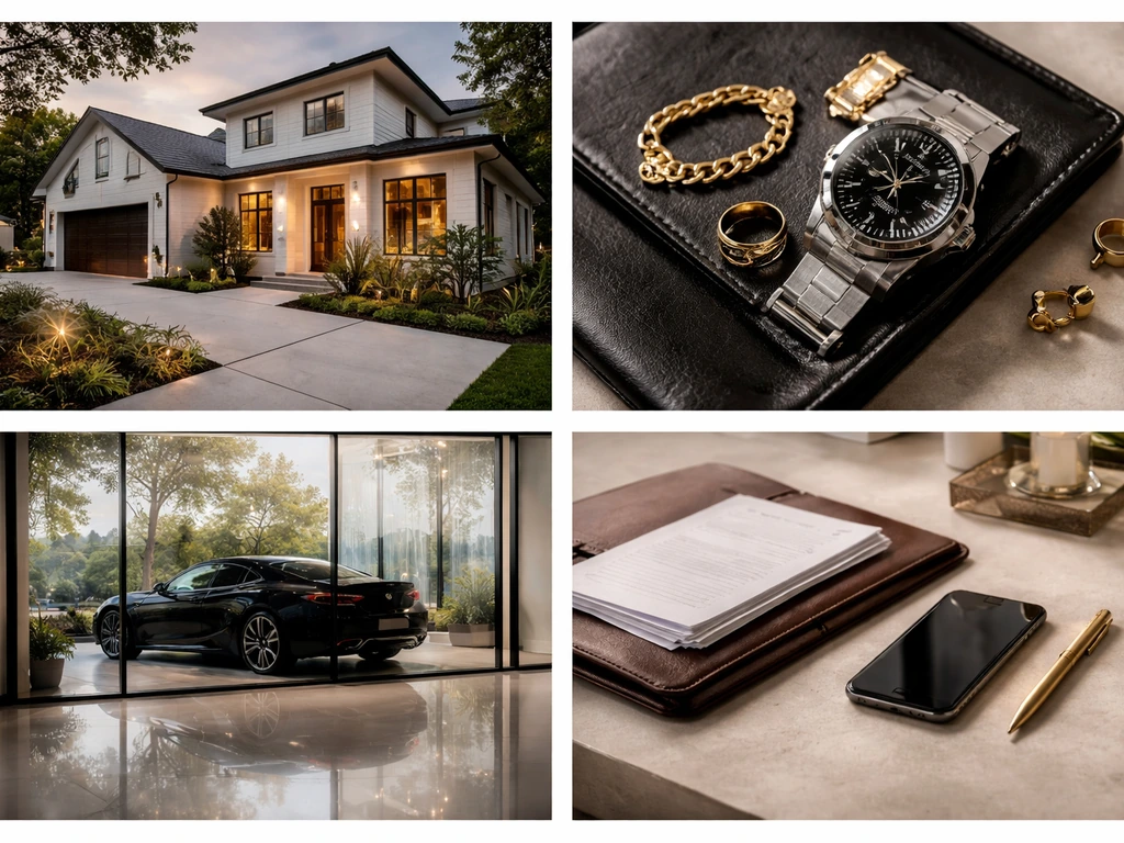 Minimal collage showing luxury home exterior, watch close-up, car silhouette, and an office desk with documents