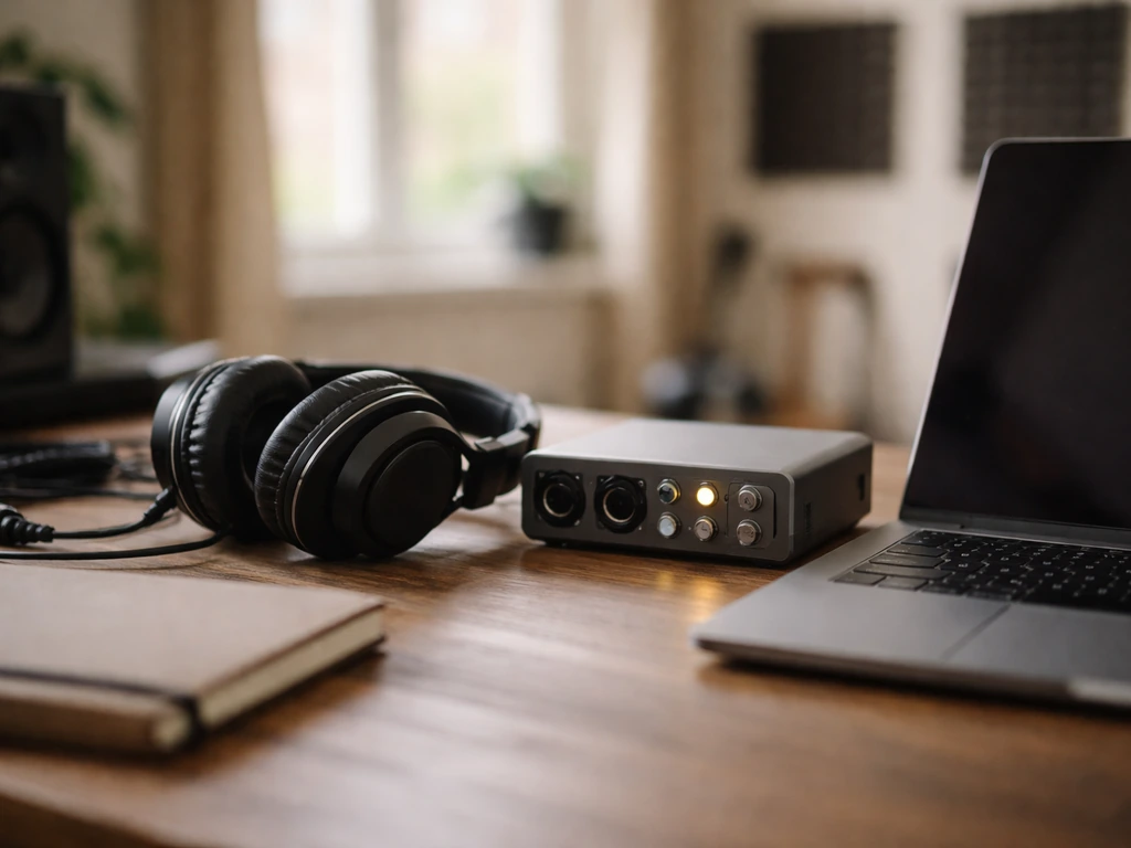 Music producer vibe: studio desk with headphones and a laptop, hinting at Murda Beatz’s career.
