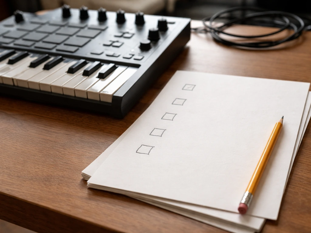Close-up of studio music gear with a blank checklist page showing simple check marks for royalties.
