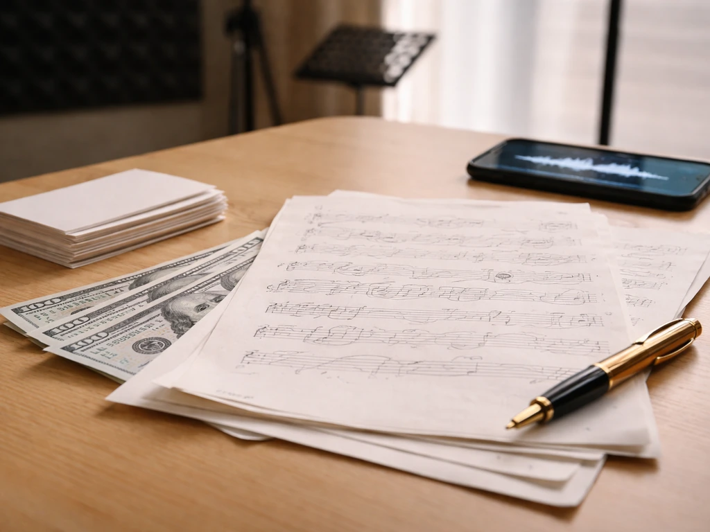 Close-up of handwritten music pages beside a smartphone showing a track timeline and cash on a desk