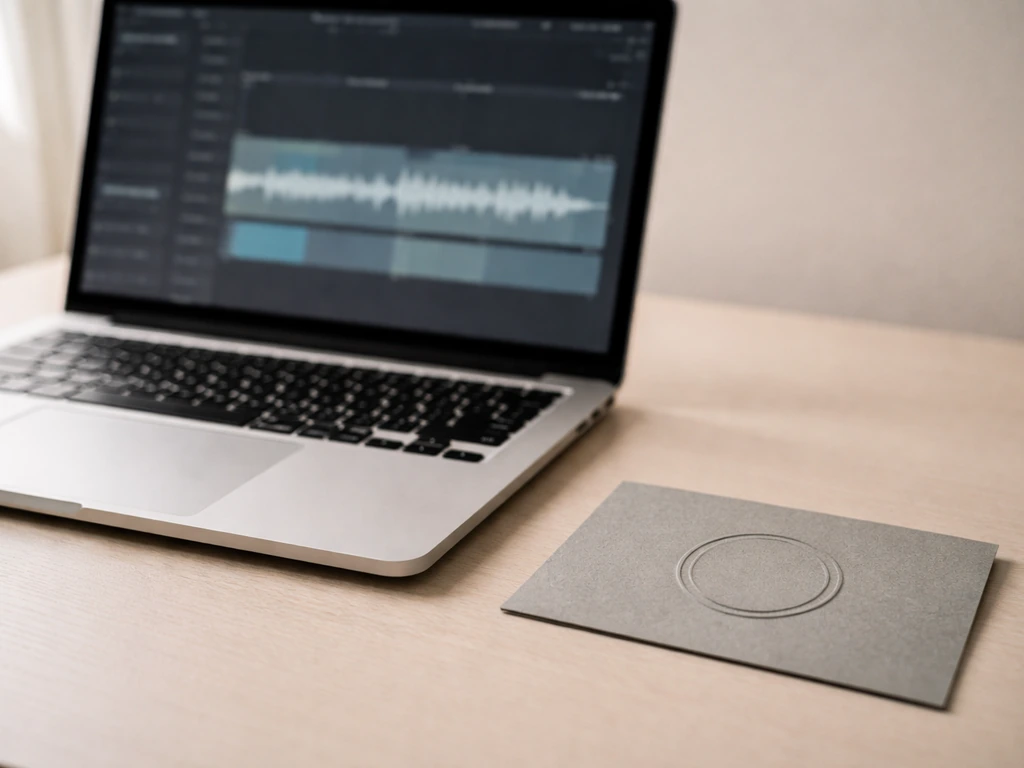 Laptop on a desk with blurred waveform timeline and a generic sync/license style stamp concept.