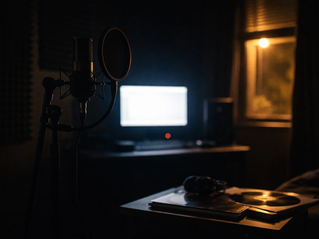 Moody hip-hop studio scene with a microphone and records, implying an anonymous music artist