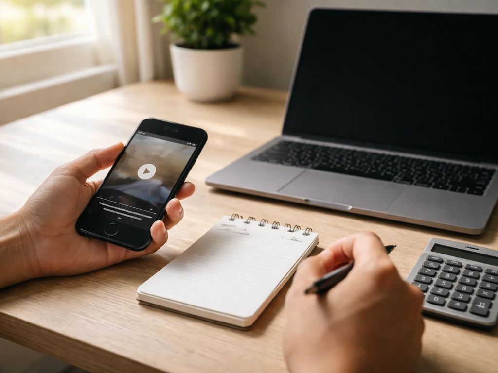 Hands at a minimal desk with smartphone, calculator, and blank notes symbolizing media-based net worth estimates