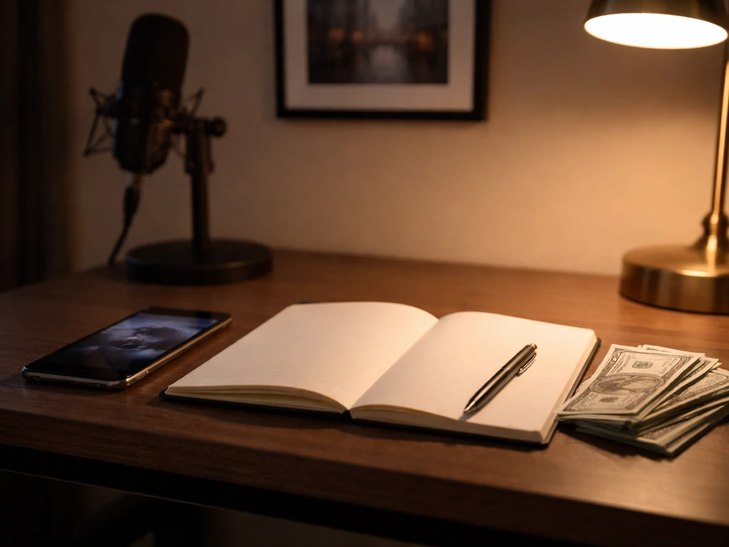 Minimal studio desk with cash and recording gear, symbolizing a wealth timeline without showing any person.