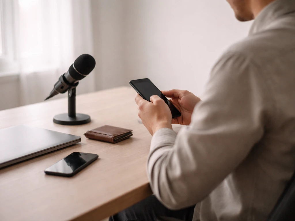 Anonymous founder-style desk scene with wallet and smartphone, symbolizing ownership verification for a business.