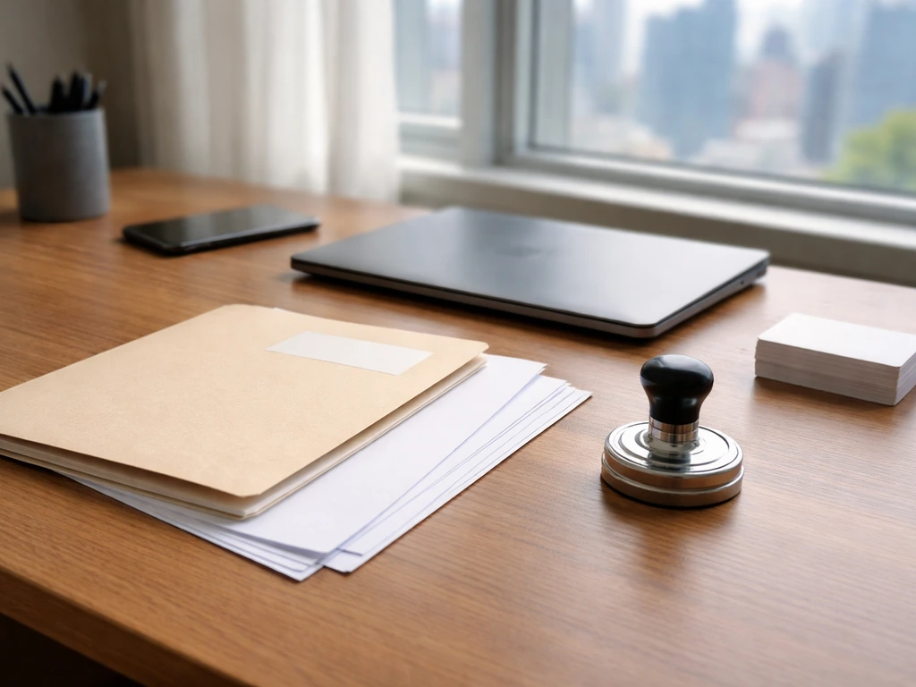 Minimal desk scene with corporate registry-style documents and finance symbols for verifying public business signals