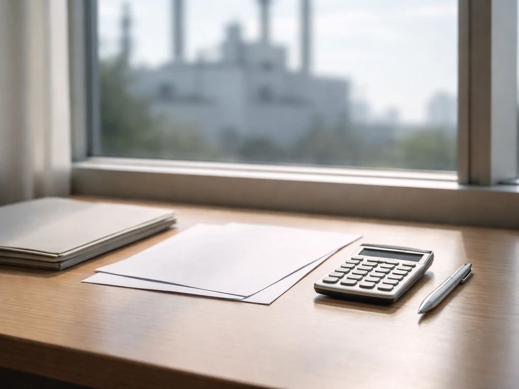 Minimal desk scene with a calculator, business documents, and a blurred industrial building view for valuation context.