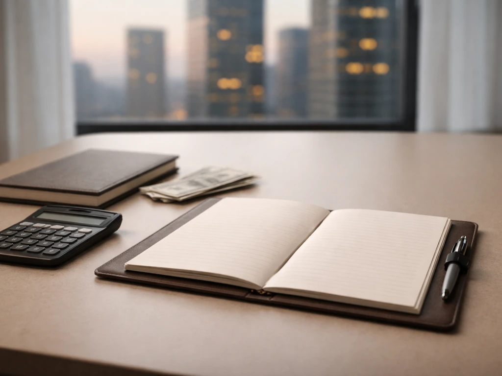 Minimal office desk with scattered cash, a calculator, and a blurred city view suggesting financial spread.