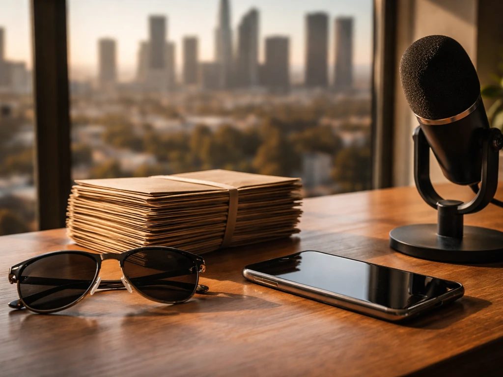 Minimal desk scene with cash envelopes, smartphone, and a microphone beside a blurred LA skyline view.