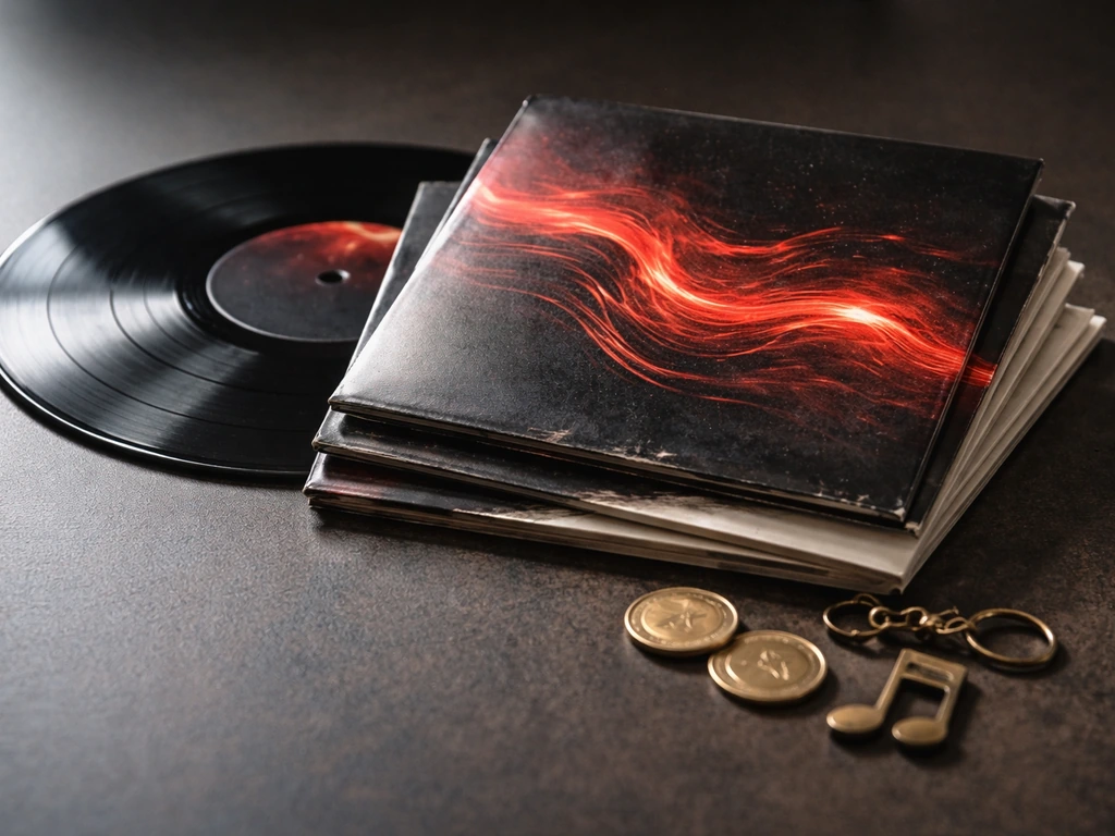 Anonymous mixtape sleeves and vinyl on a table with music-note and coin-like tokens suggesting royalties