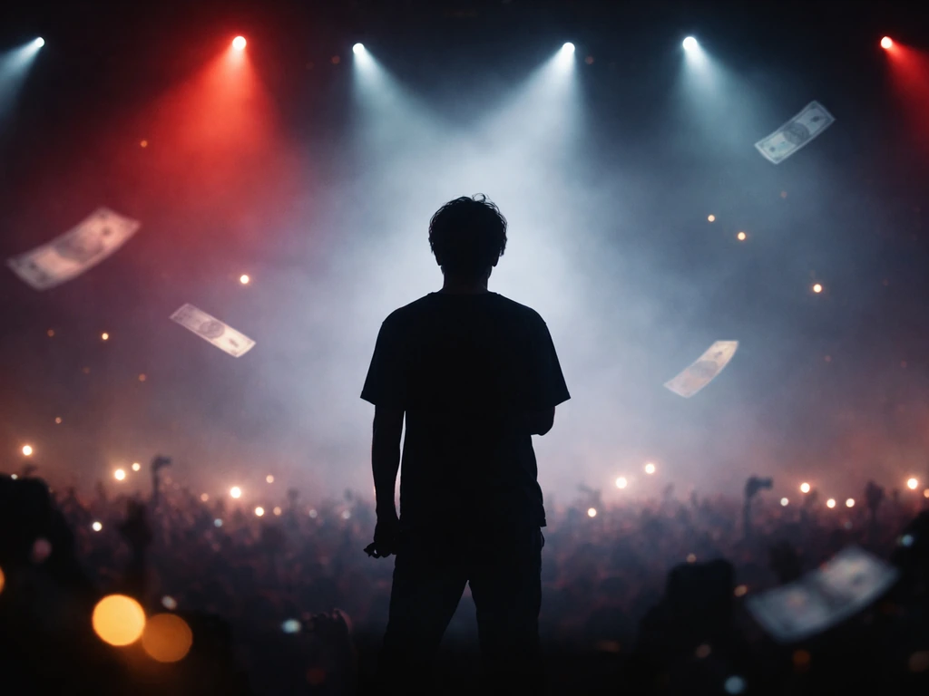 Anonymous concert silhouette under red and blue stage lights with subtle money-like light reflections.