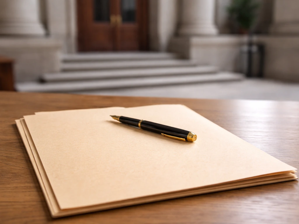 Close-up of a manila folder and pen beside a courthouse steps background, suggesting estate documents and inheritance.