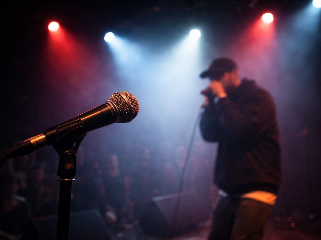 Beatboxer performing on a small international stage with a microphone and dramatic lights, no identifiable person