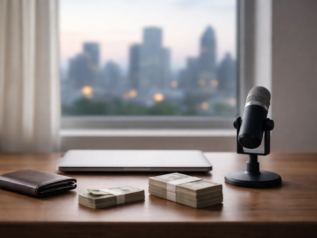 Minimal home office desk with microphone and two cash stacks suggesting a net-worth range.
