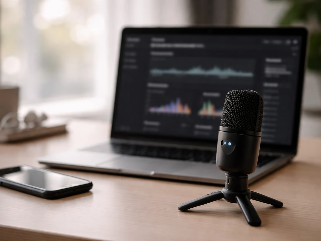 Close-up of laptop analytics dashboard blur, smartphone, and studio microphone on a tidy desk.