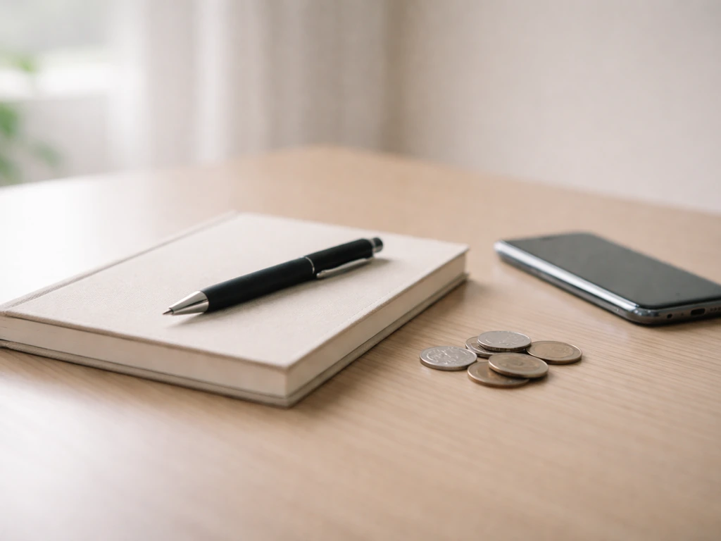 Minimal desk scene with a notebook and pen beside a smartphone, suggesting financial review and credibility checks