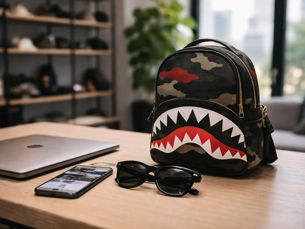 Streetwear fashion bag on a desk with sunglasses and a blurred phone in a New York creative office.