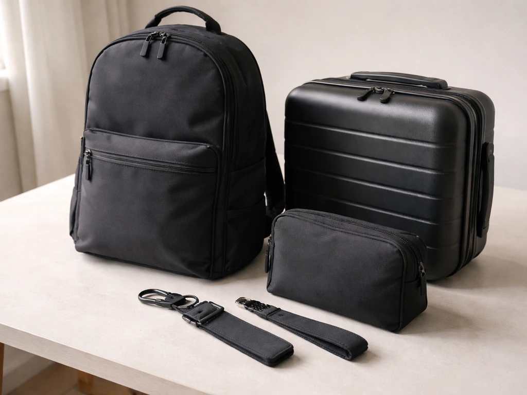 Close-up of Sprayground-style backpacks, a small luggage case, and accessories on a light table
