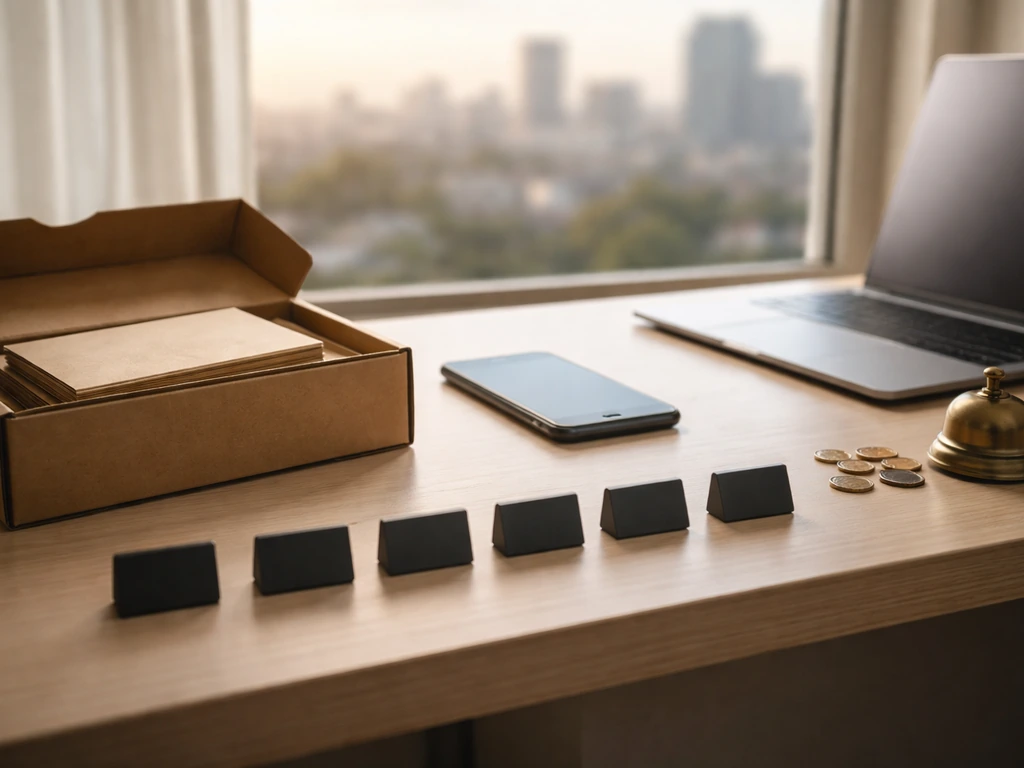 Minimal desk with coins and blank date tiles leading toward a blurred city skyline, symbolizing a timeline of growth.