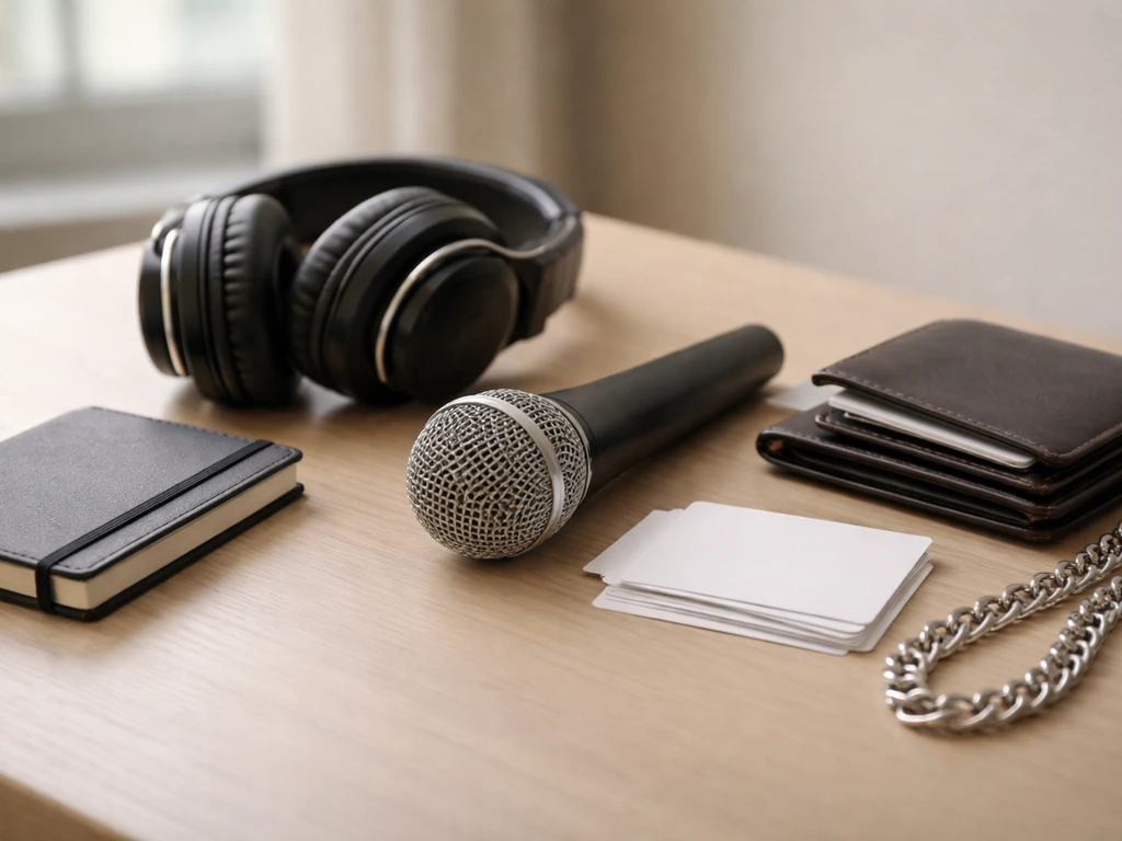 Minimal photo showing linked identity theme for a hip-hop stage name, via studio and cash-neutral props