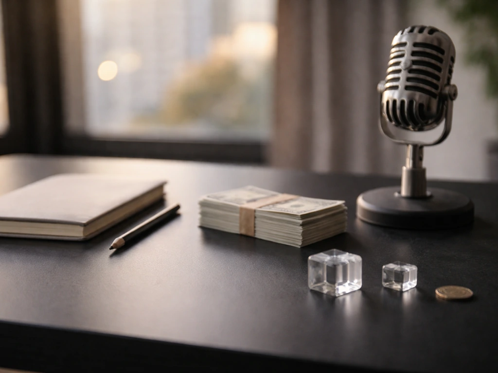Minimal desk scene with bundled cash and a microphone, with clear acrylic blocks suggesting net worth range.