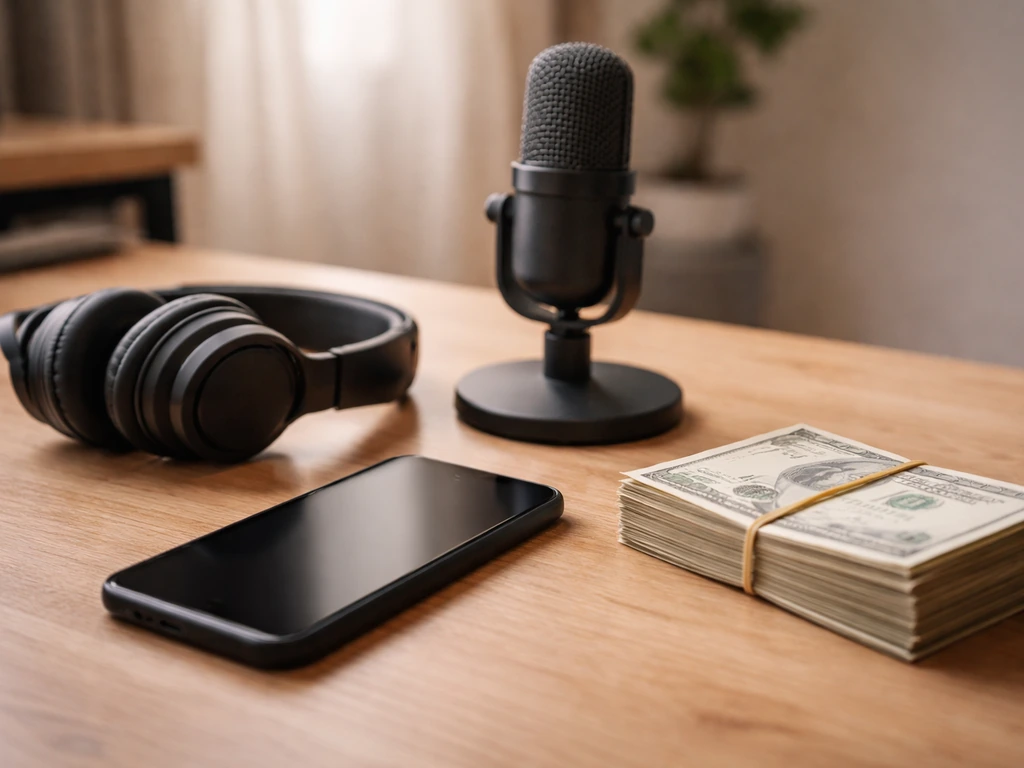Minimal photo of a smartphone showing a streaming microphone and headphones beside cash, symbolizing YouTube ad revenue