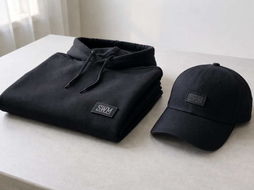 Folded black streetwear hoodie and cap with S.W.M-style woven patches on a clean studio table