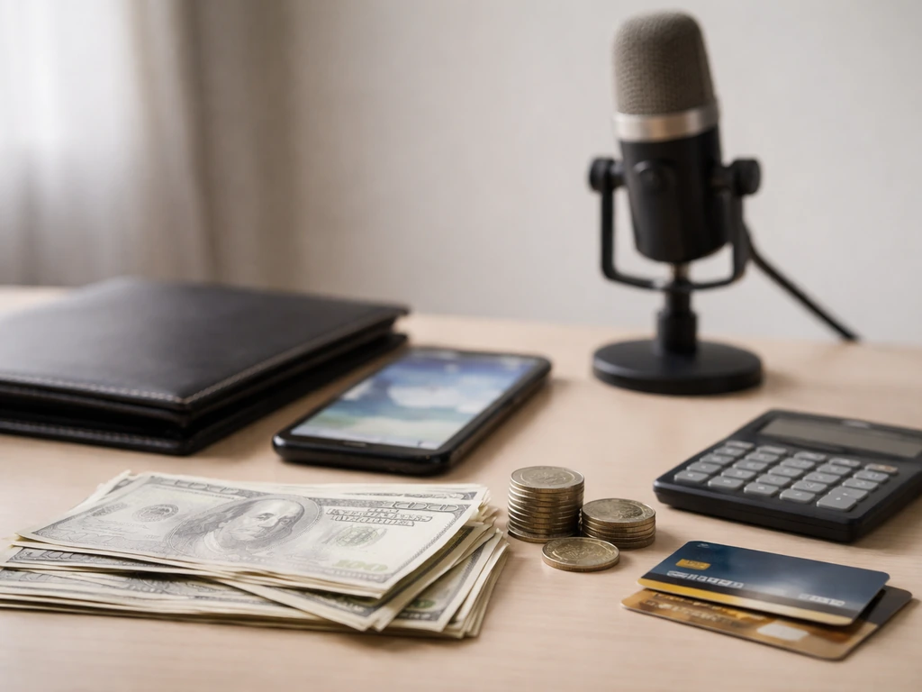 Minimal desk scene with cash, a smartphone, and a studio microphone symbolizing an estimated net worth range.