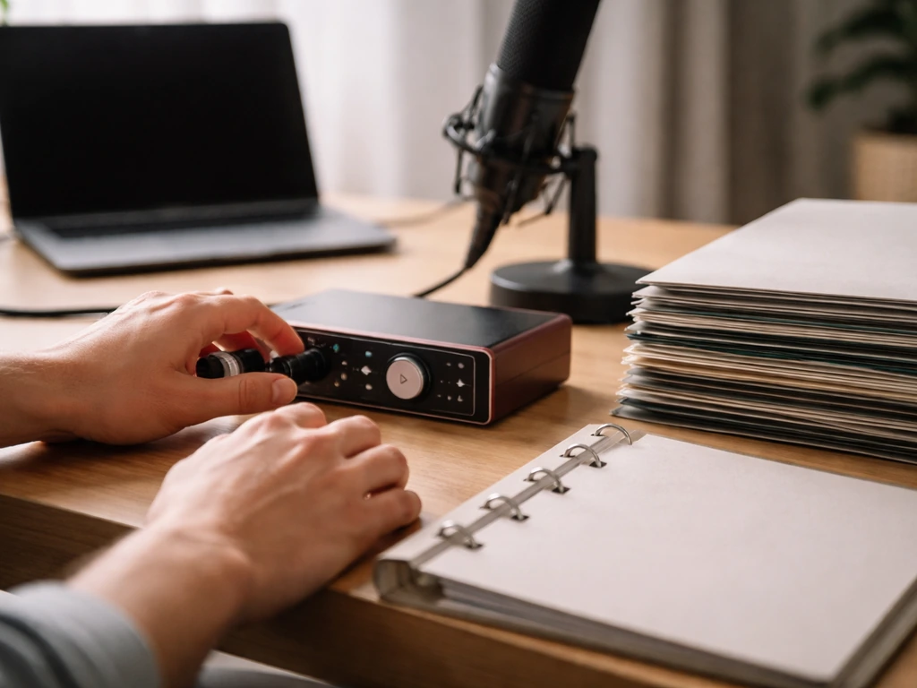 Anonymous hands adjust audio equipment in a quiet studio with vinyl records and a microphone nearby.