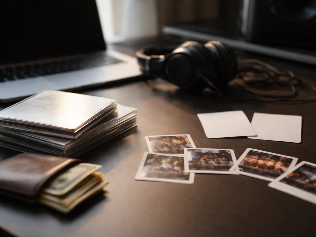 Minimal studio desk with headphones, blank media cases, and out-of-focus mixtape thumbnails symbolizing 2008–2011.