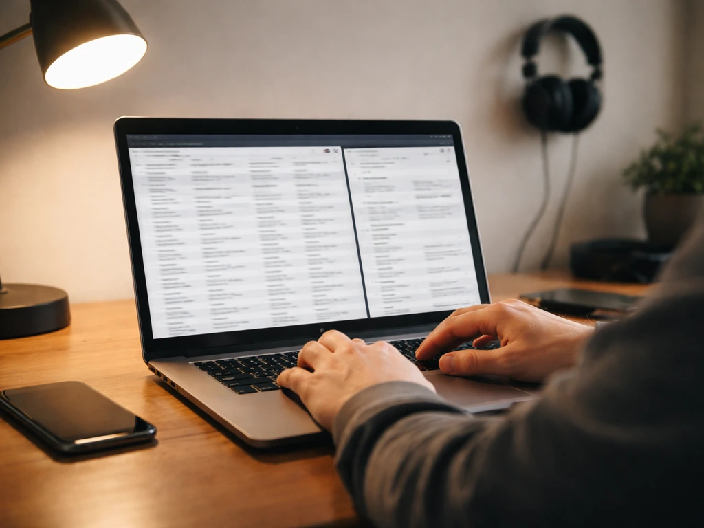 Person reviewing anonymous music-business records on a laptop in a quiet home studio setting.