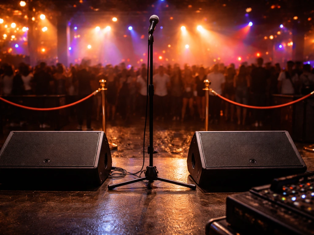Warm-lit dancehall stage with microphone stand and monitors, blurred crowd in the background
