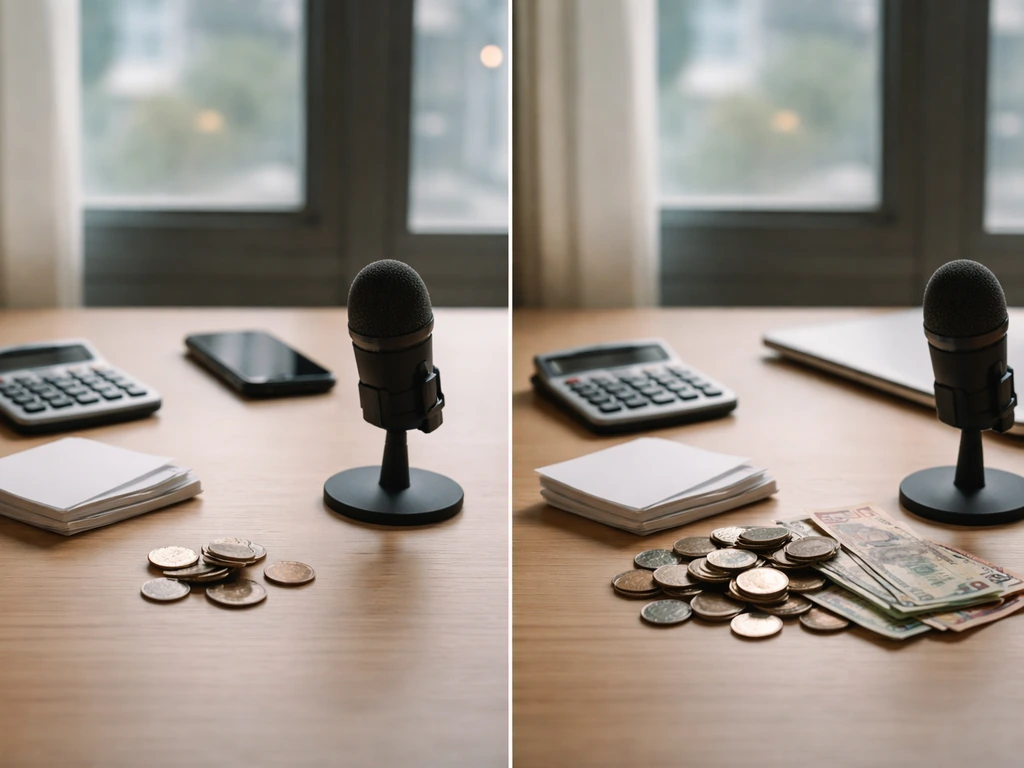 An anonymous finance desk with a phone, calculator, streaming mic, and scattered coins showing payout differences