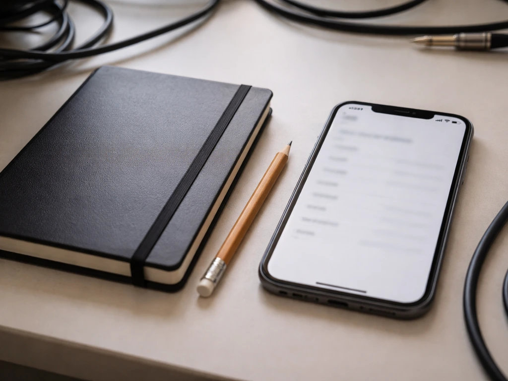 Close-up of a music metadata-like phone screen blurred beside a notebook, cables, and pencil on a desk.