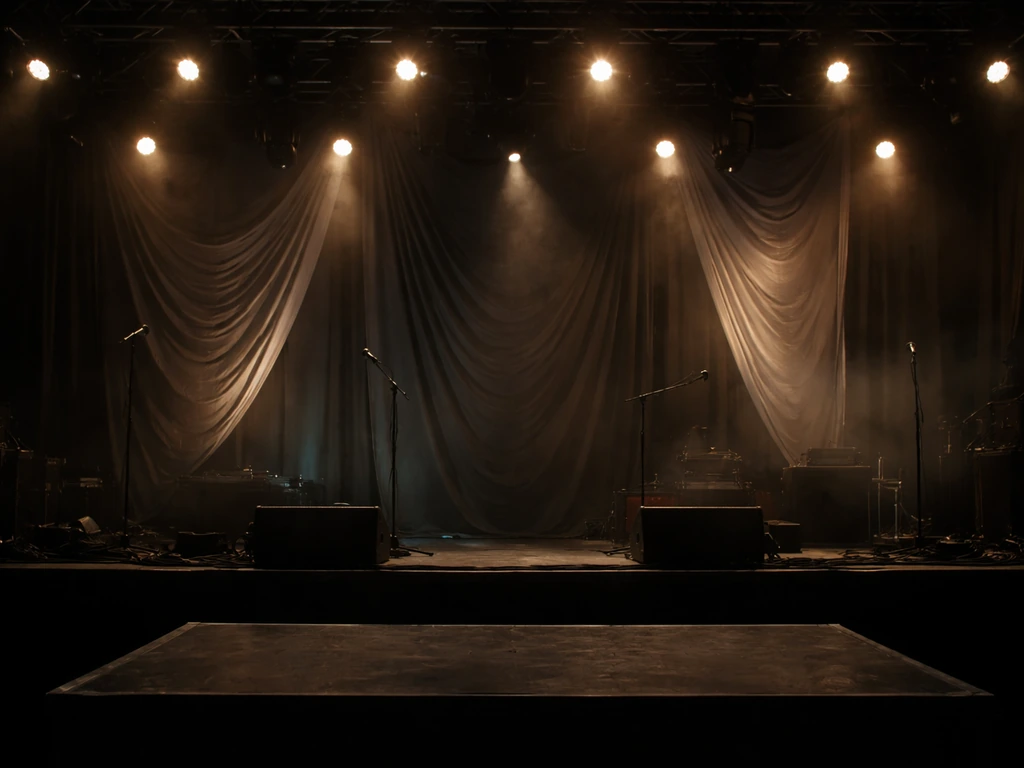 Empty festival stage with a patterned backdrop and hanging lights, suggesting touring and booking revenue
