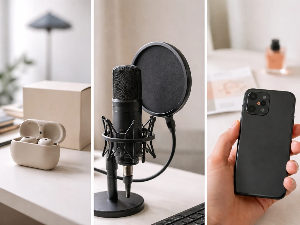 Minimal collage of desk product placement, a studio microphone, and a smartphone suggesting social sponsorship income.
