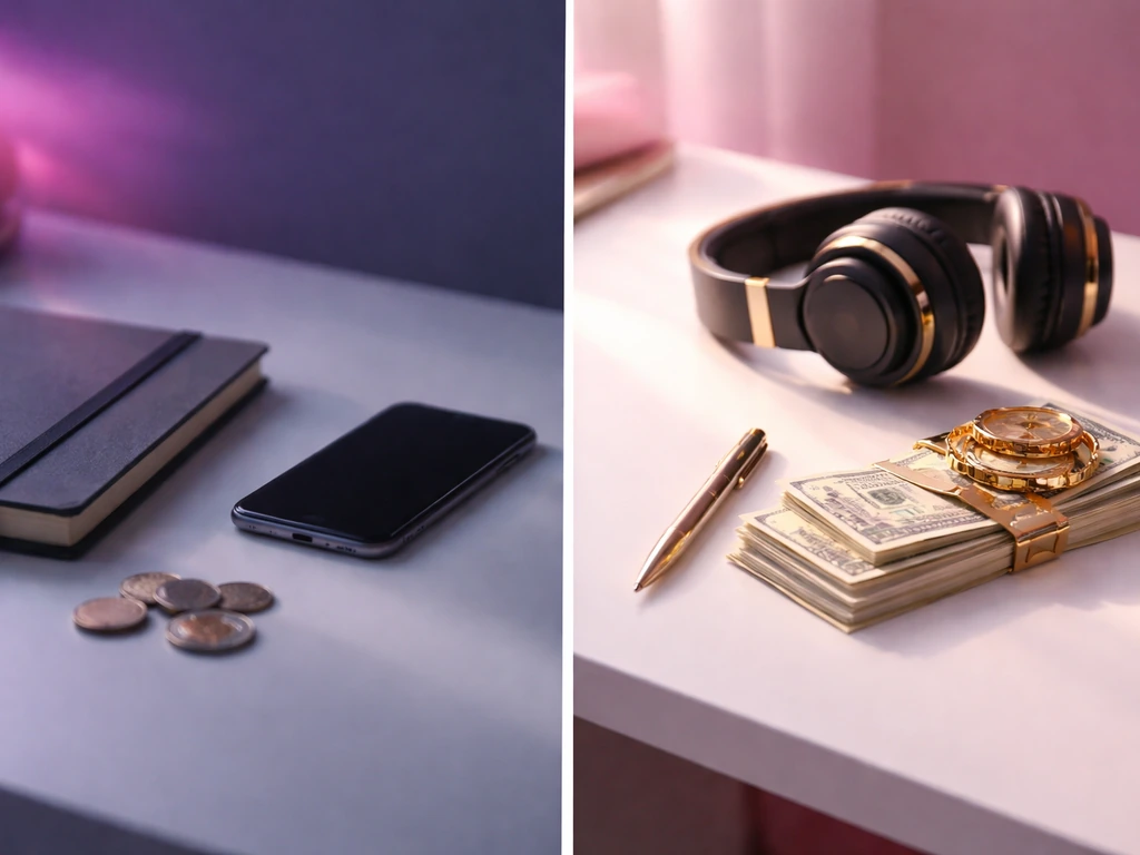 Split desk scene contrasting low- and high-end net worth with coins and cash, purple-toned lighting.