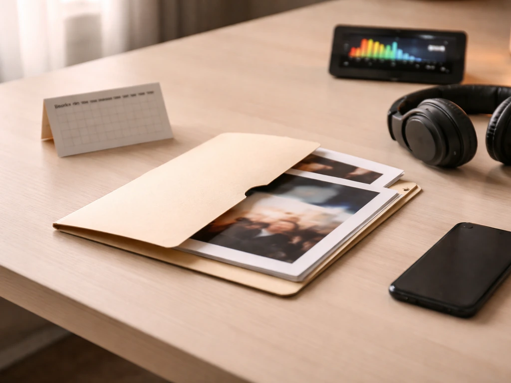 Desk scene with anonymous music-industry booking cards, a press kit folder, and streaming-style icons for net worth esti