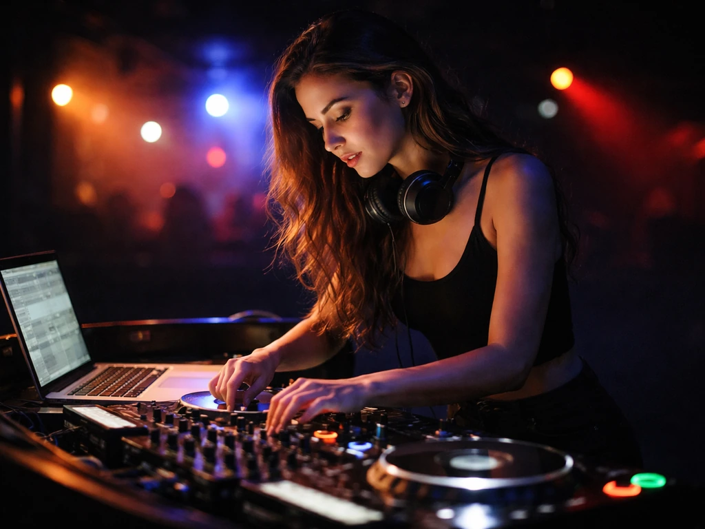 Anonymous female DJ performing live at a club with laptop and mixer, colored lights in the background.