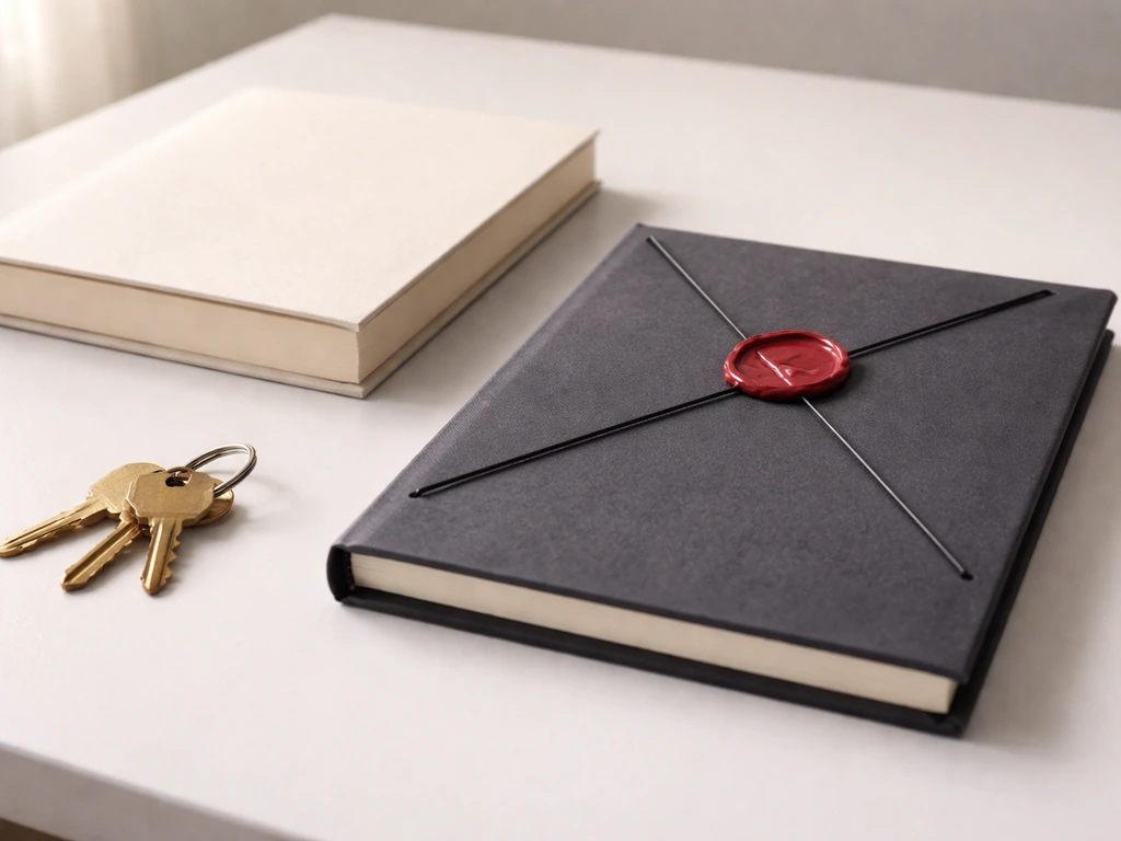 Minimal still life with investment notebook, property keys, and a closed folder labeled by symbols for exclusions
