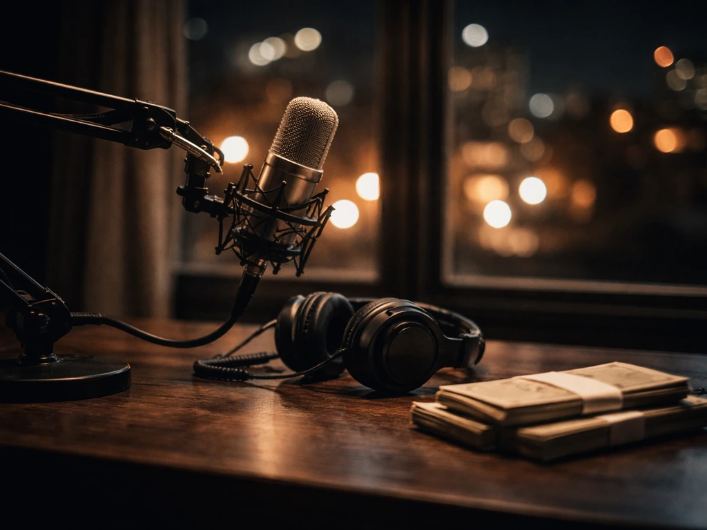 Dim studio desk with a microphone and scattered cash-like props, suggesting public finance scrutiny without showing any