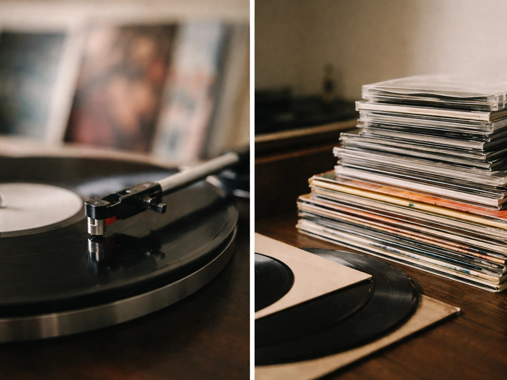 Minimal split collage of vinyl records and music sleeves representing solo album catalogs and royalties.