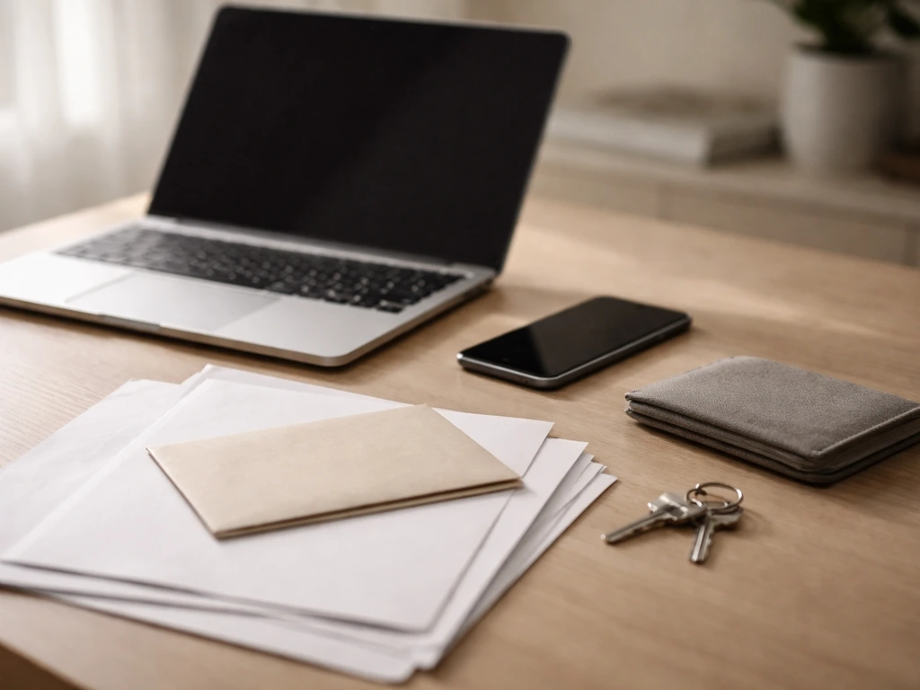 Minimal desk scene with a laptop, smartphone, and scattered documents suggesting fact-checking money claims